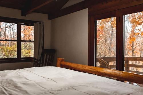 ein Schlafzimmer mit einem Bett und zwei Fenstern in der Unterkunft Blueberry Hideaway at 36 North Cabin - Hot Tub in Purlear