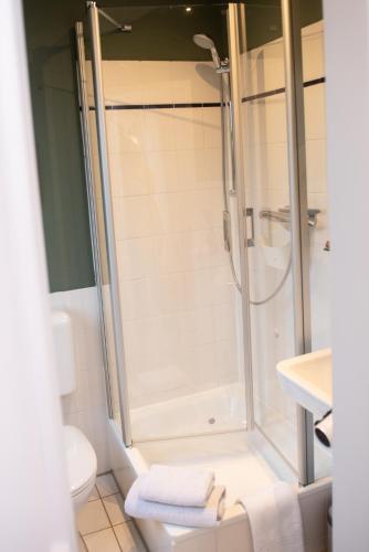 a bathroom with a shower and a toilet at Das Anni's in Wangerland