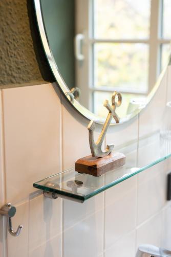 a glass shelf in a bathroom with a mirror at Das Anni's in Wangerland