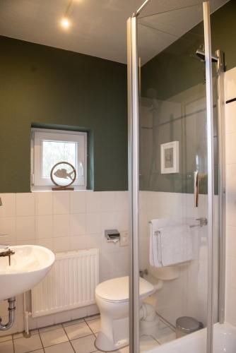 a bathroom with a toilet and a sink at Das Anni's in Wangerland