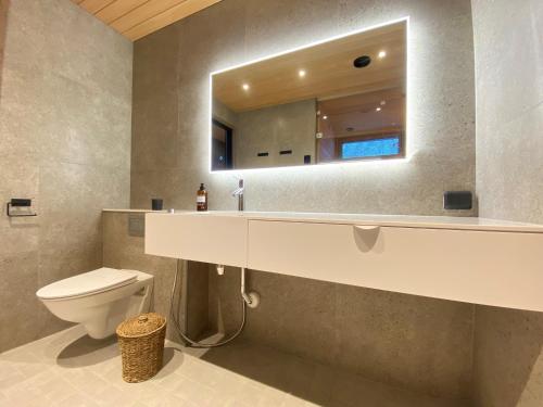 a bathroom with a sink and a toilet and a mirror at Villa Primus in Ruka
