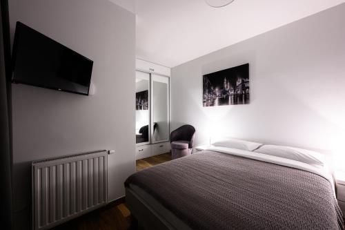 クラクフにあるNative Apartments Masarska 8のベッドルーム(ベッド1台、薄型テレビ付)