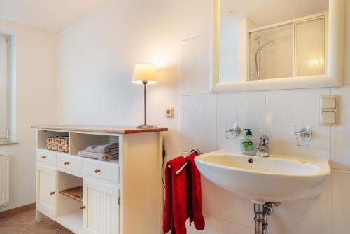 La salle de bains blanche est pourvue d'un lavabo et d'un miroir. dans l'établissement Wintergartenhaus Braunlage, à Braunlage