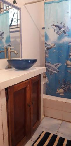 een badkamer met een wastafel en een douchegordijn met dolfijnen bij Drapers San Guest House in Port Antonio