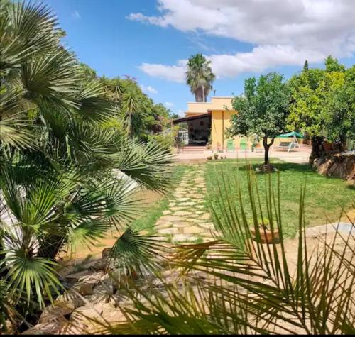 a garden with palm trees and a building at DONNA CATERINA HOUSE in Pietraperzia