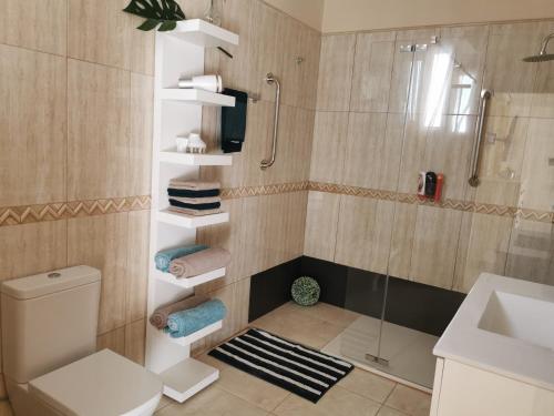 a bathroom with a shower and a toilet and a sink at Villa Alexander in Puerto de Santiago