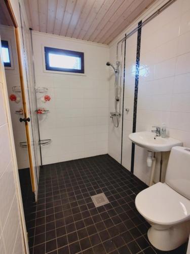 y baño con ducha, aseo y lavamanos. en Ruka Kierävä with ski tickets, en Kuusamo