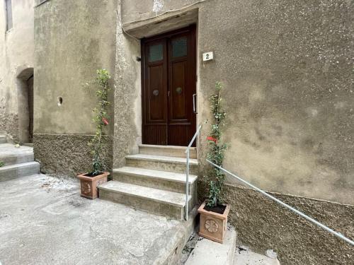 une porte d'un bâtiment avec deux plantes en pot devant dans l'établissement Piccolo paradiso, à Prata
