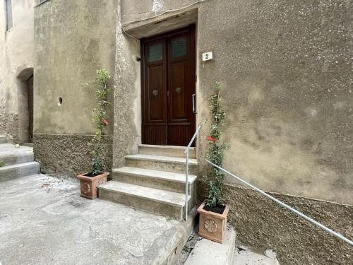 una porta di un edificio con due piante in vaso davanti di Piccolo paradiso a Prata