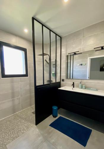 une salle de bain avec un lavabo et un grand miroir dans l'établissement Villa Palot à la plage, à Mimizan