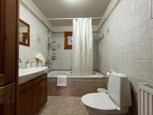 a bathroom with a toilet and a sink and a tub at Kapilio Cottage House in Kapilio