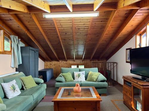 a living room with two green couches and a tv at Kapilio Cottage House in Kapilio