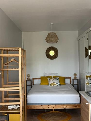 a bedroom with a bed and a mirror on the wall at Les Gites du Verdon, côté lac (studio et T2) in Sainte-Croix-de-Verdon