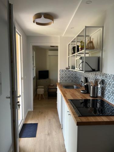 une cuisine avec un évier et un plan de travail dans l'établissement Les Gites du Verdon, côté lac (studio et T2), à Sainte-Croix-de-Verdon