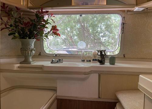 a bathroom with a sink and a vase of flowers at Amy The Airstream At Aloe Fjord in Vaal Marina