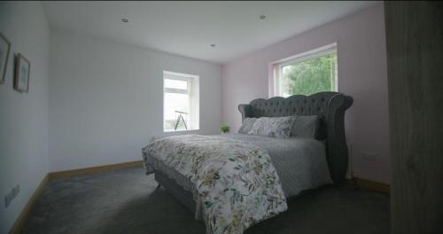 a bedroom with a large bed and a window at Unique countryside stay in Dundrod