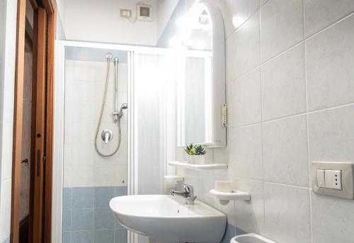 ein weißes Badezimmer mit einem Waschbecken und einem Spiegel in der Unterkunft La Pineta Assisi in Assisi
