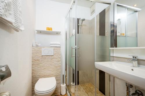 a bathroom with a shower and a toilet and a sink at Hotel Gasthof Krahlehenhof in Filzmoos