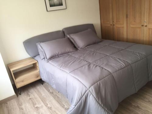 1 cama en un dormitorio con armario de madera en Macondo-Habitación zona céntrica, en pleno corazón, en Bogotá