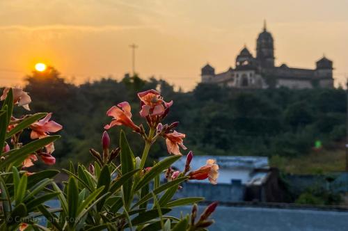 a flower with a castle in the background at sunset at Comfort and Cozy in Orchha