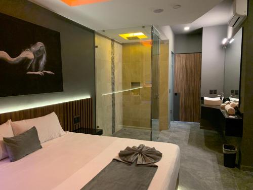 a bedroom with a bed and a shower and a bathroom at Roxy Motel in Querétaro