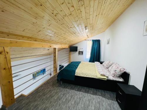 een slaapkamer met een bed en een houten plafond bij Reny's Studio Apartments -Hiperbara in Livezeni