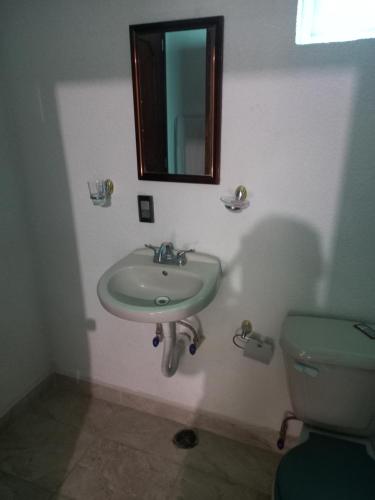 ein Badezimmer mit einem Waschbecken, einem WC und einem Spiegel in der Unterkunft Boutique Hilda 