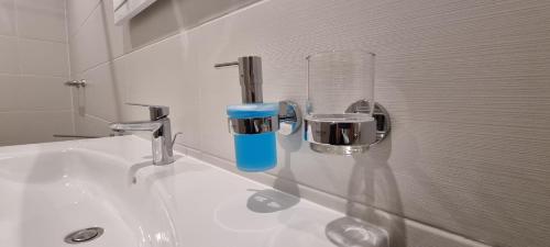 ein Waschbecken mit einer blauen Tasse drauf in der Unterkunft Hős-Ceglédi Vendégház Miskolc -Önálló otthon, mely csak az Önöké in Miskolc