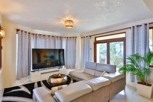 a living room with a couch and a flat screen tv at Cheerful 3 -bedroom villa with Pool in Tortola Island