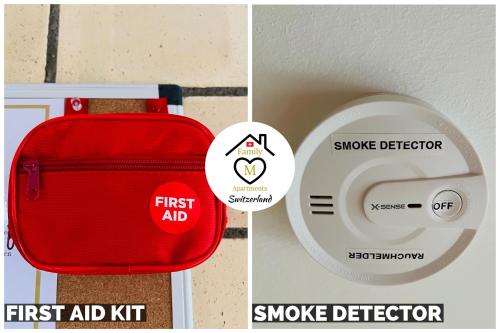a picture of a smoke detector and a picture of a red bag at Family M Apartments 1 in Kappel bei Olten