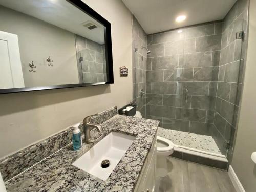 a bathroom with a sink and a toilet and a mirror at Spacious 5 bedrooms 3 bathrooms Family-Friendly Home With Heated salt Pool in Clearwater