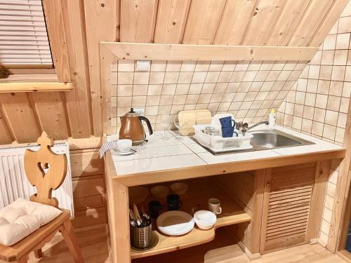 eine kleine Küche mit einer Spüle und einer Theke in der Unterkunft Taternica in Bukowina Tatrzańska