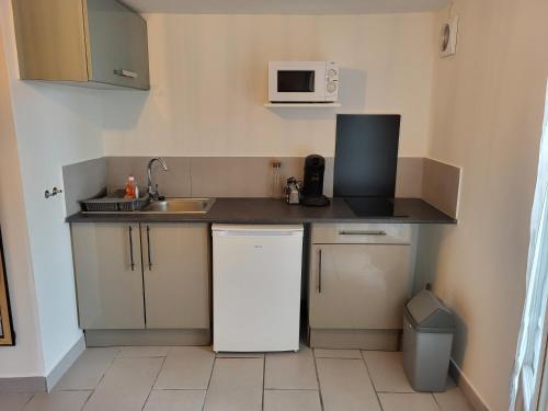 une petite cuisine avec un évier et un micro-ondes dans l'établissement Charmant studio avec terrasse, à Saint-Cyprien