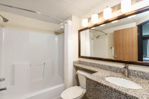 a bathroom with a toilet and a sink and a mirror at SureStay Plus Hotel by Best Western Litchfield in Litchfield