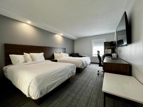 Cette chambre comprend deux lits et un bureau. dans l'établissement Travelodge by Wyndham Regina, à Regina