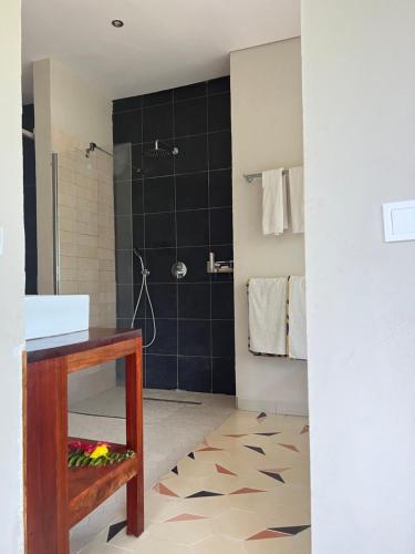 a bathroom with a shower and a sink at Villa Principe in Santo António
