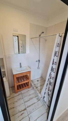y baño pequeño con lavabo y ducha. en Contenedor a metros del mar en Quequén