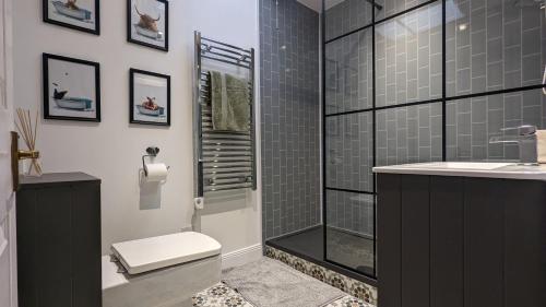 uma casa de banho com um chuveiro, um WC e um lavatório. em Beautiful Spacious Central Flat, Pitlochry em Pitlochry