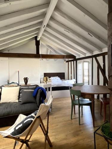 un salon avec un canapé, une table et un lit dans l'établissement Appartement dans le Vieux Mans, au Mans