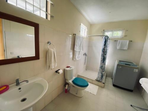 a bathroom with a sink and a toilet and a shower at El Paraiso in La Gaulette