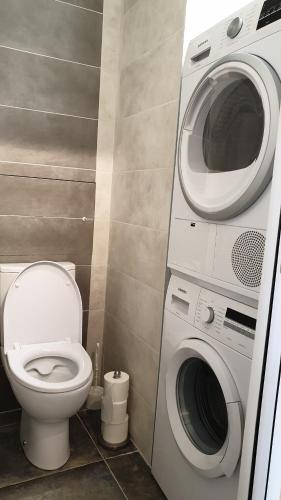 une salle de bain avec machine à laver et toilettes dans l'établissement Garden and beach sea view apartment Cannes, à Cannes