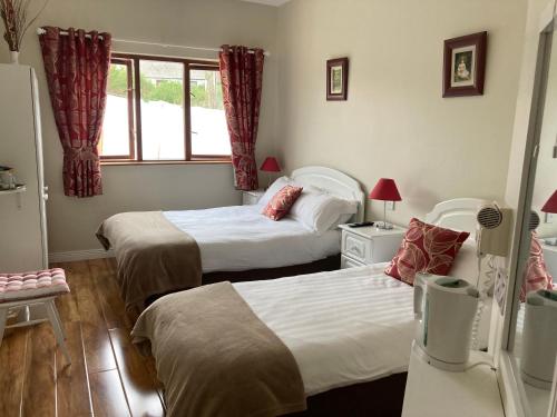 Steeple View B&B Guesthouse Donegal - Newly renovated in 2023 في باليبوفي: غرفة فندقية بسريرين ونافذة