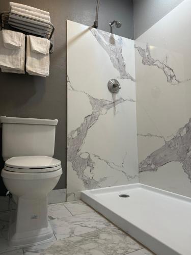 ein Badezimmer mit einem weißen WC und einer Dusche in der Unterkunft ROYAL MOTEL TRACY in Tracy