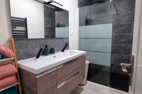 a bathroom with a sink and a shower at Maison " Pac-Man" entre collègues, amis, famille - barbecue - Netflix - Prime - Baby foot 50cts - jusqu'à 9 personnes - in Saint-Seurin-sur-lʼIsle