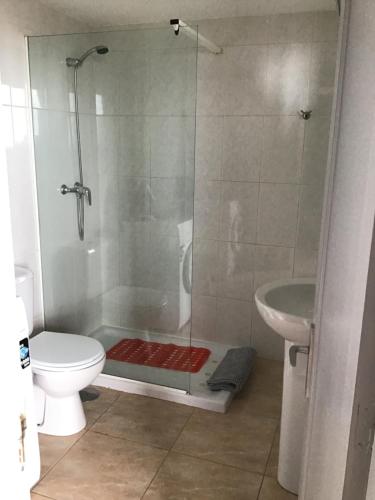 a bathroom with a shower and a toilet and a sink at casa de los amigos in Tías