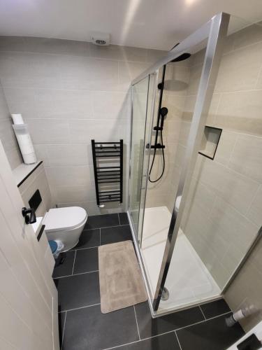 a bathroom with a shower and a toilet at DaySpring White House - Dartford Kent in Kent