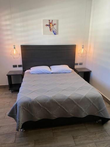 a bedroom with a large bed with two tables at Quinta del sol in Chihuahua