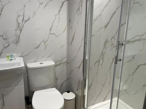 a white bathroom with a toilet and a shower at Phoenix Pods in Liverpool