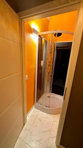 a bathroom with a shower and a mirror at smart&beautiful HOSTEL in Nordkirchen