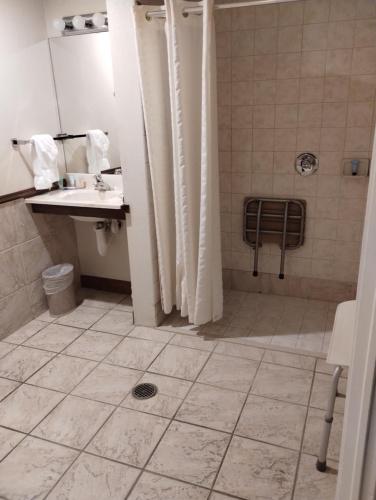 a bathroom with a sink and a shower with a shower curtain at Bay Valley Resort in Bay City